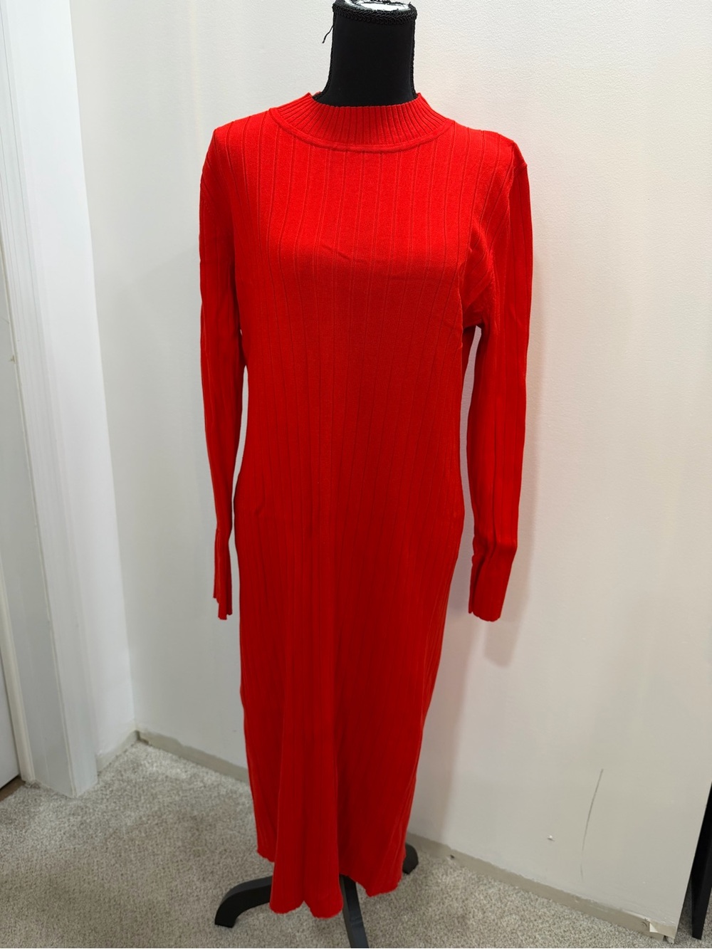 H&M Red Rib-Knit Long Sleeve Maxi Dress
